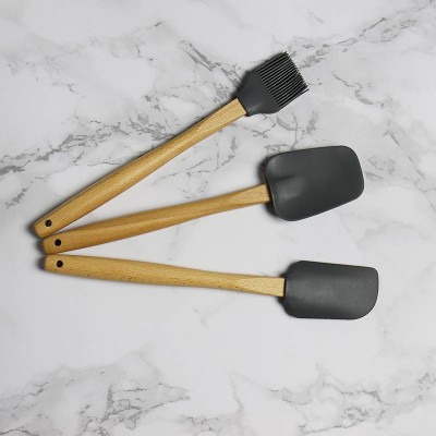 Home And Kitchen Accessories 3 Pcs Kitchen Utensils Wooden Handles Non Toxic Silicone Cooking Spatula/brush/turner Set